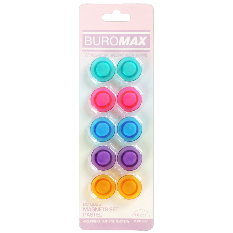 Комплект магнітів BUROMAX PASTEL, 10 шт*20 мм